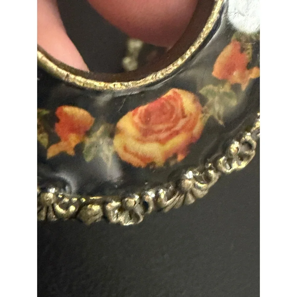Vintage Earrings Floral Enamel Dangle Drop Black